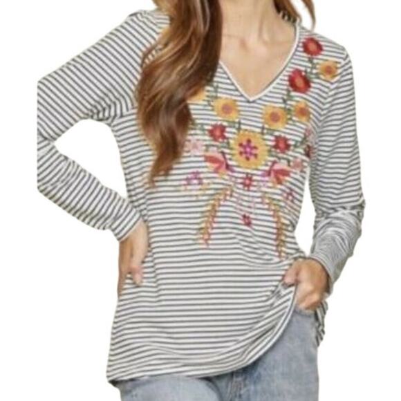 Savanna Jane Tops - Savanna Jane Floral Embroidered White/Black Striped Long Sleeve V-Neck Top S